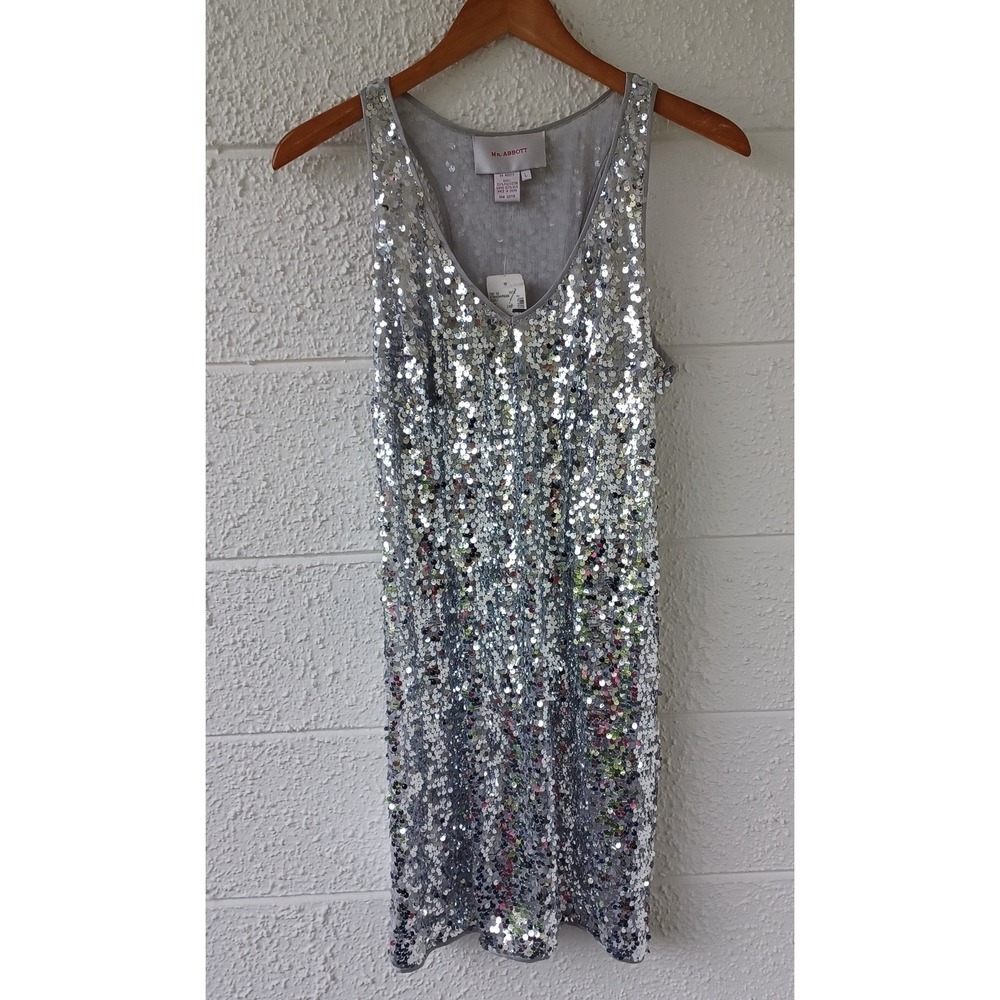 Mr Abbott Silver Sequin Silk Lined Mini Dress V-Neck Racerback L NWT $450 - Picture 10 of 11